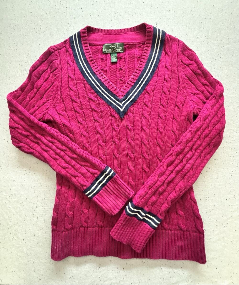 Ralph Lauren L-RL Womens Medium Pink Cable Knit V-Neck Cricket Tennis Sweater M